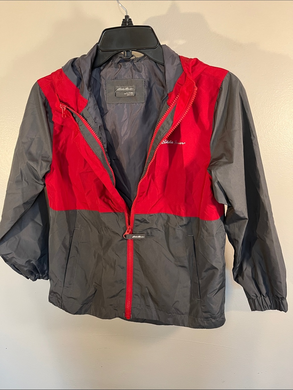 Eddie Bauer Kids Red and Gray Hooded Rain Jacket
